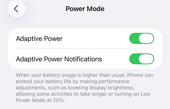 ‘Adaptive Power’ and ‘Adaptive Power Notifications’ options in iOS 26