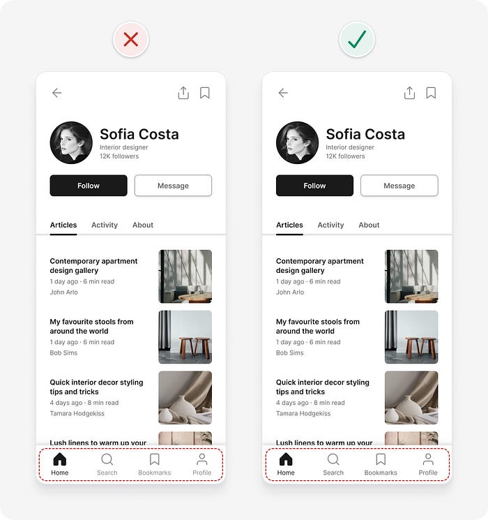 UI design tips example balancing the weight of icon and text pairs in a bottom navigation component by darkening the text