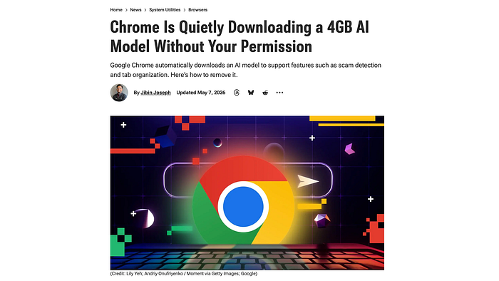 Google quietly downloading a 4GB LLM without user consent