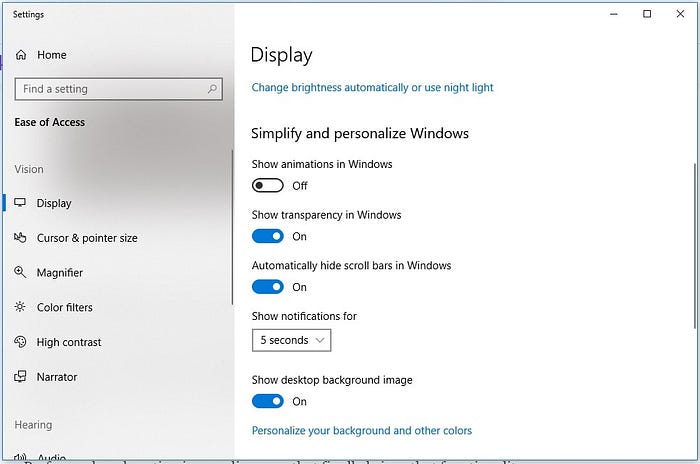 Screenshot showing how to turn off animations in Windows10, on the screen are display settings. Drawing attention to the animation setting which is toggled off.