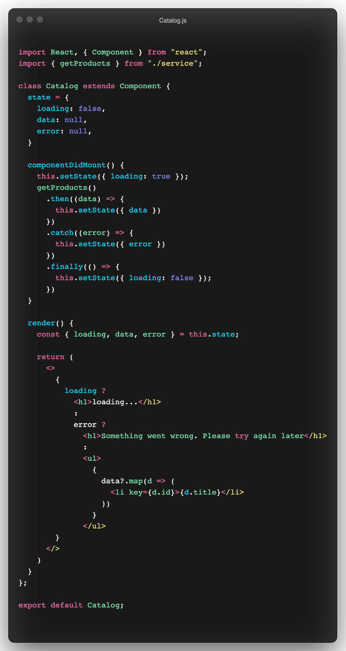 Catalog Component using React class component