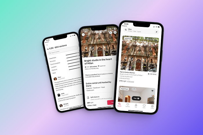 On a lilac background, there is a device mock-up featuring three iPhones, each containing screen designs of AirBnB.