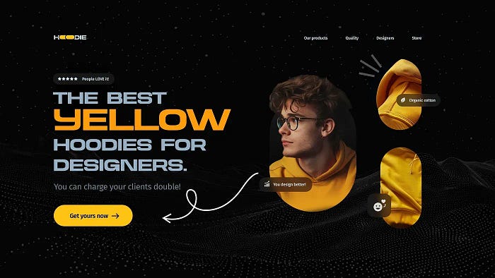 Landing page promoting yellow hoodies for designers. The dark background contrasts with bold text reading “The best yellow hoodies for designers.” A man wearing a yellow hoodie is featured prominently, with callouts like “Organic cotton” and “You design better!” A bright yellow button says “Get yours now.”