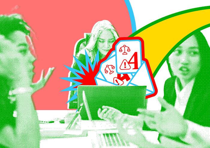 An edited image of some company employees looking distressed. In the center, a woman is seen looking stressed after receiving legal threats in her email.