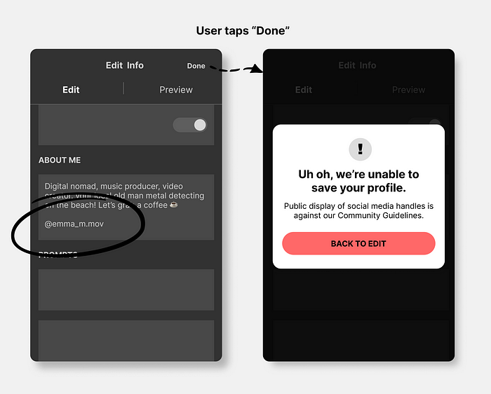 This redesign includes a pop-up notification that tells users they can’t save their profile because they’ve included a social media handle.