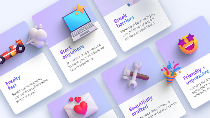 This image shows six different UI cards, each with an emoji and a description of a Loop design principle. The principles include: “freaky fast,” “start anywhere,” “break barriers,” “beautifully crafted,” and “friendly and expressive.”