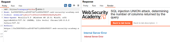 Image 2— SQL Injection UNION Attack — Determining the Number of Columns Returned By Query