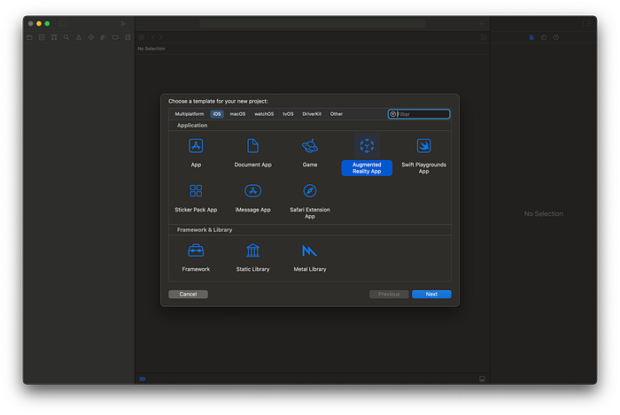 Xcode template screen, with the Augmented Reality App template selected.