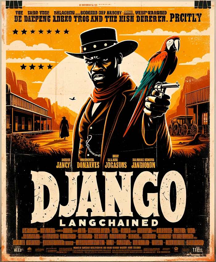 Create a wide-format, vintage-style movie poster that precisely features the title ‘Django: LangChained’ in large, bold, distressed typography at the top. The poster should replicate the visual style of the last two images, with an African American cowboy and a parrot in a dramatic standoff in an Old West town at sunset. It’s crucial that the text ‘Django: LangChained’ is spelled correctly and prominently displayed, capturing the essence of vintage western movie posters.