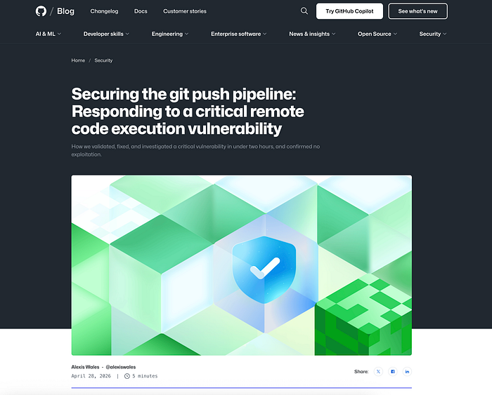 Blog post from GitHub about CVE-2026–3854