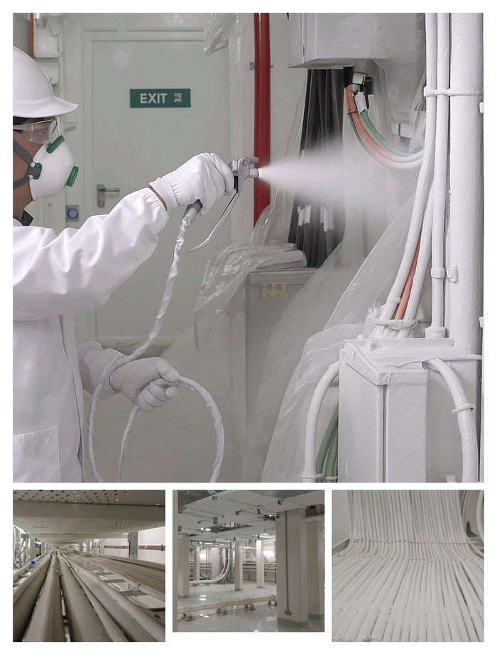 Close-up view of fireproofed cable bundles with intumescent coating applied