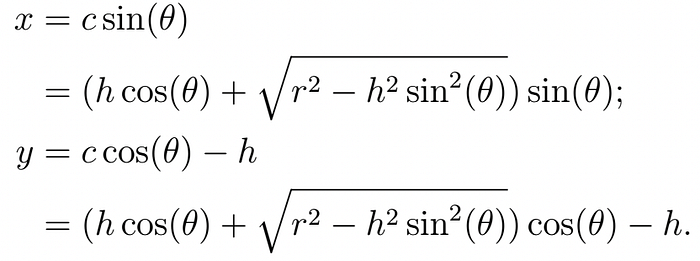 equation for x and y in terms of h, r, and theta