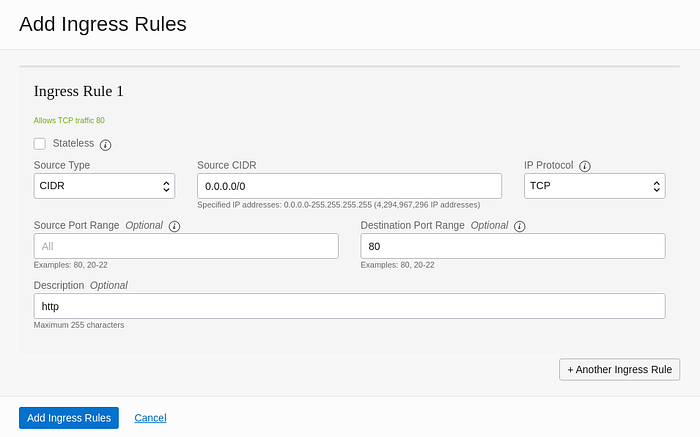 Example of the “Add Ingress Rules” menu.