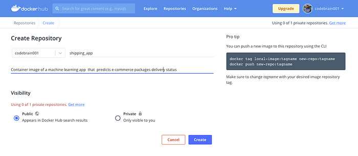 screenshot of how to create a Docker Hub repository