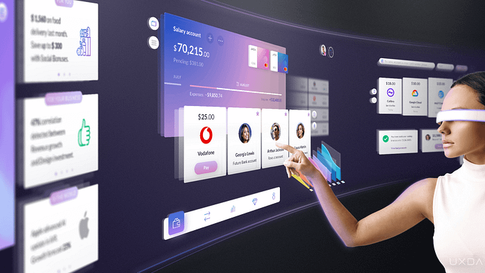 An example of a woman using a VR headset and interacting with the UI in VR