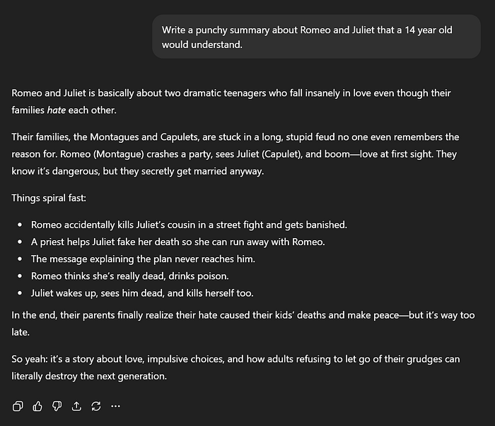 chatgpt response to a prompt asking for a summary about romeo and juliet