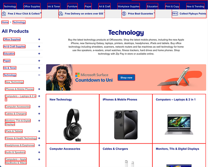 Example of a webpage with highlighted interactive elements