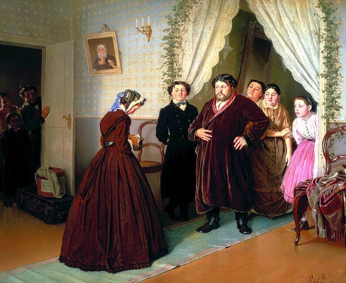 Vasily Perov’s painting ‘The Arrival of a Governess in a Merchant’s House’ depicts a young governess entering a wealthy home, greeted with curiosity and skepticism by the family