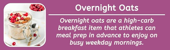 Overnight oats are a high-carb breakfast item that athletes can meal prep in advance to enjoy on busy weekday mornings.