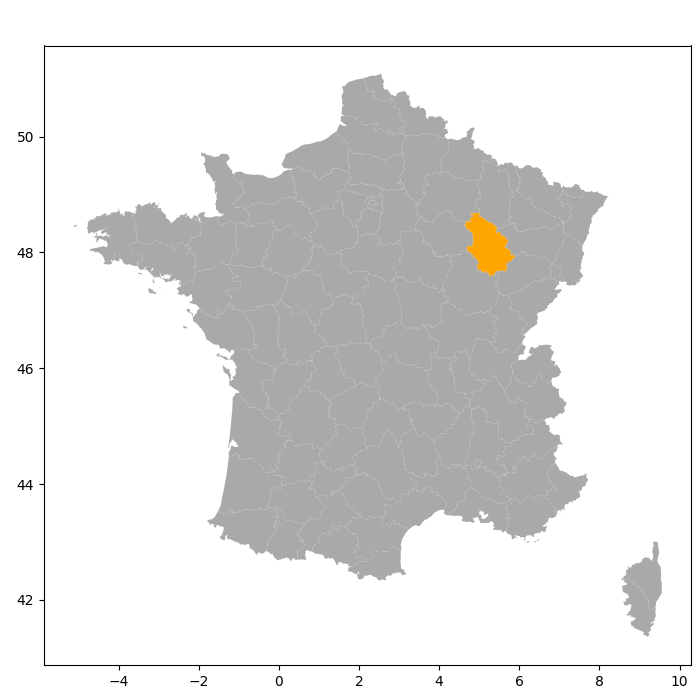 Plot with GeoPandas without additional parameters. The department Haute-Marne is highlighted for future reference. Image created by author.