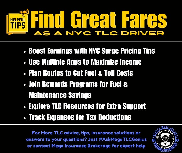find great fares as a NYC TLC driver by mega insurance brokerage tips