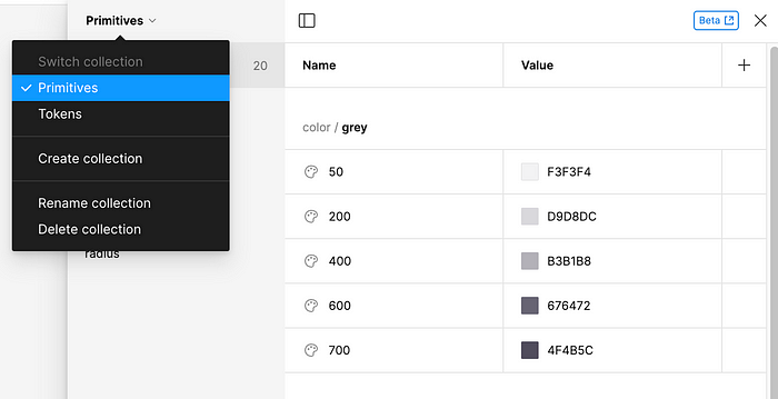 create collections by using figma variables feature