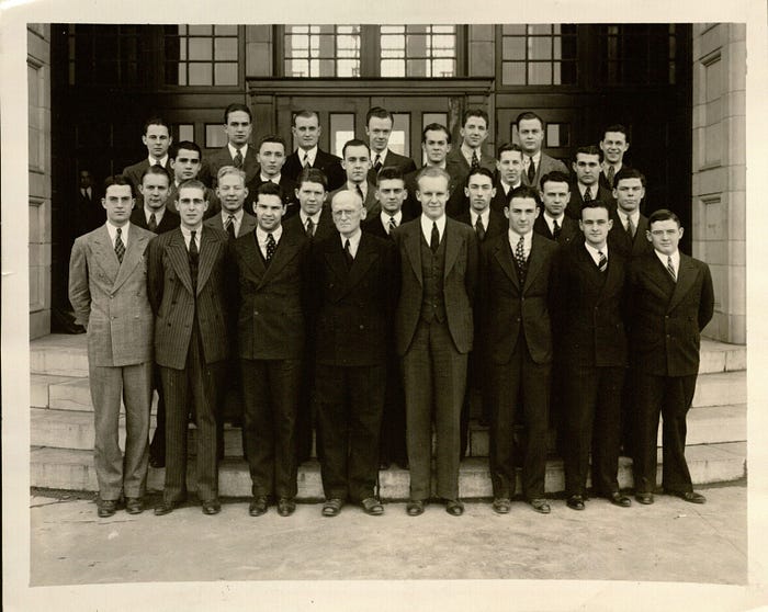 The original KU School of Business staff, including the school’s first dean, Frank T. Stockton (pictured fourth from the left in the front). Source: University Archives
