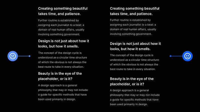 Two design examples. One with titles and paragraphs packed too closely together, and the other with the correct amount of spacing