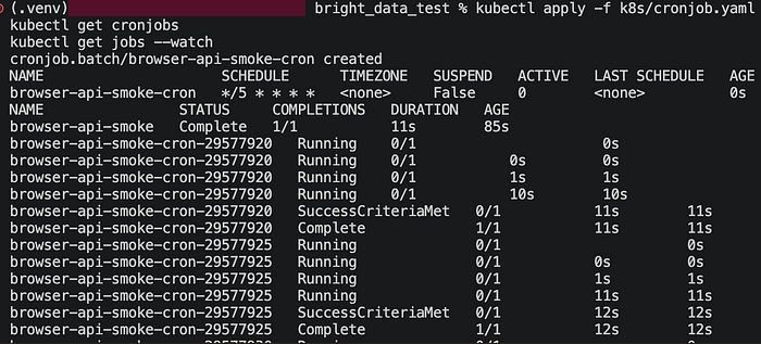 After validating the one-off batch execution, the same scraper was scheduled through a Kubernetes CronJob without changing the application code.