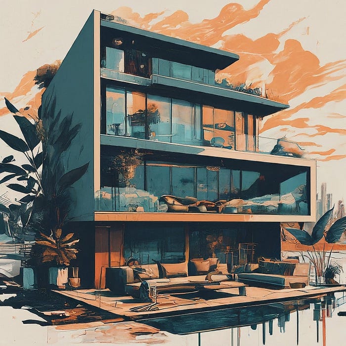 A dreamlike illustration of a gorgeous luxury apartment and outdoor deck with the sun setting over a city skyline in the far distance.