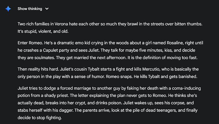 gemini response to a prompt asking for a summary about romeo and juliet