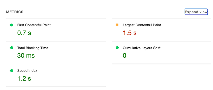 Report’s section with metrics: First Contentful Paint, Total Blocking Time, Speed Index, Largest Contentful Paint, and Cumulative Layout Shift. Only the Largest Contentful Paint is not green (it’s orange). The focus is on the “Expand view” button