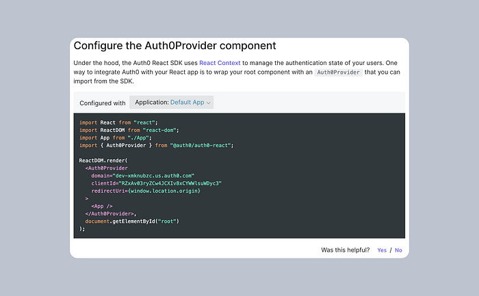 Screenshot showing pre-populated code sample