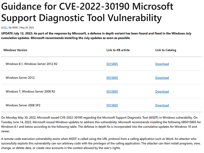 Screenshot of the Microsoft website containing guidance for CVE-2022–30190.