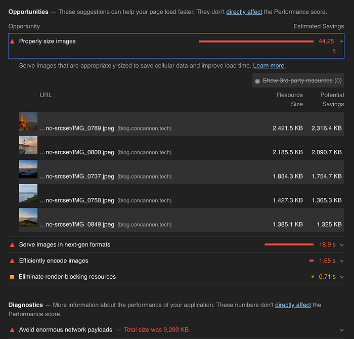 Google Lighthouse areas for improvement include enormous image sizes and inefficient encoding