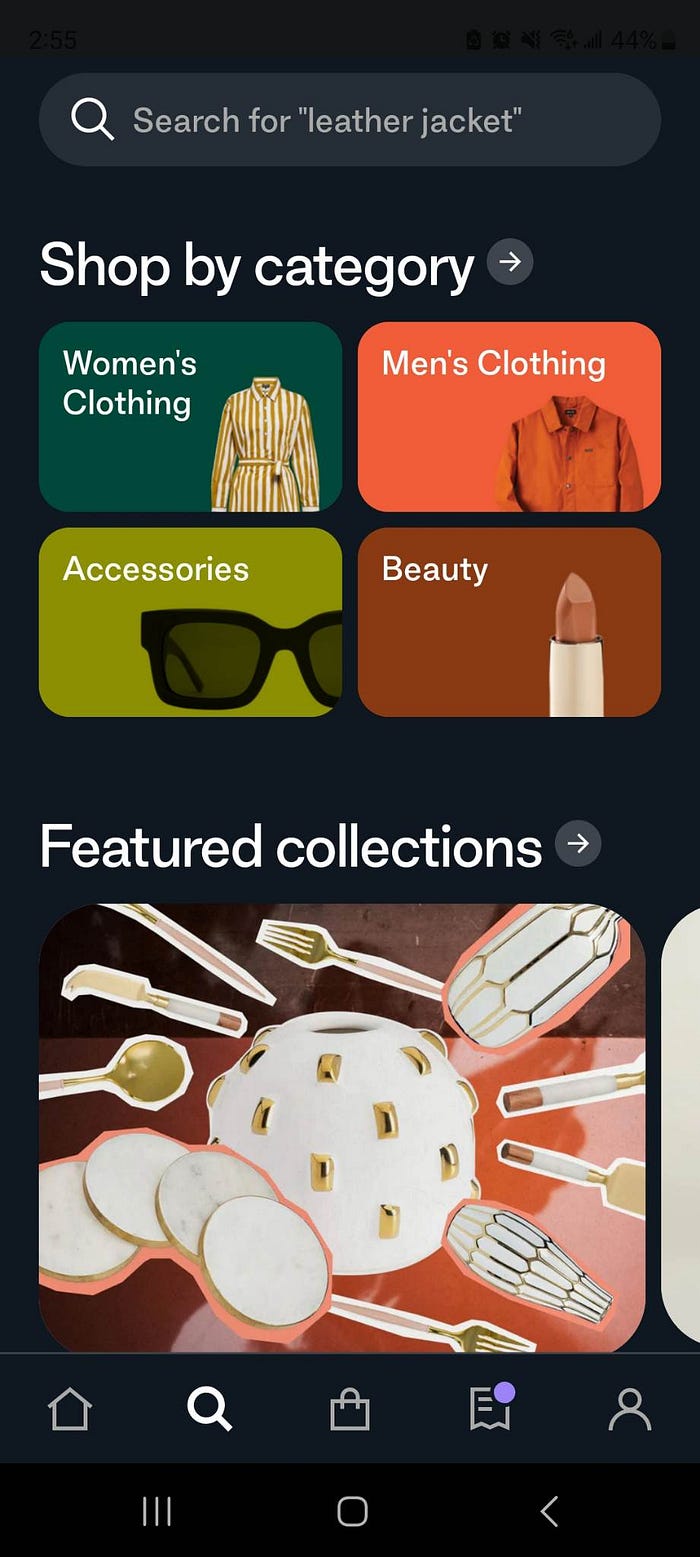 A screenshot of the Shop app’s search page, which features a search bar at the top with placeholder text that reads ‘Search for “leather jacket”’, and sections below for “Shop by category” and “Featured collections” with cards that allow the user to explore the app further.