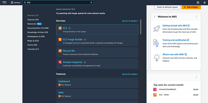 Search Bar is on top left corner — type EC2 in it.