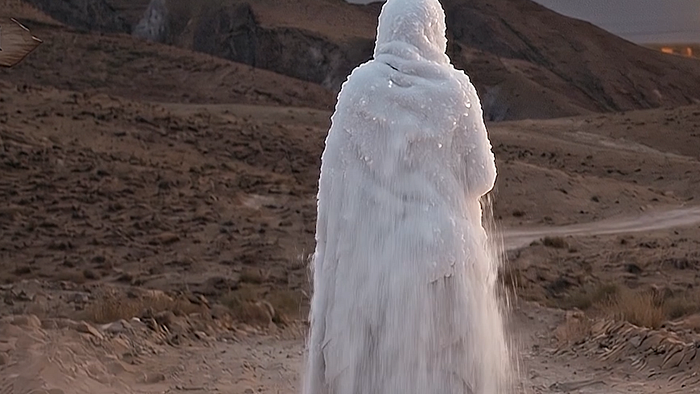 Cinematic biblical image of Lot's wife transformed into a white pillar of salt in a barren desert landscape.