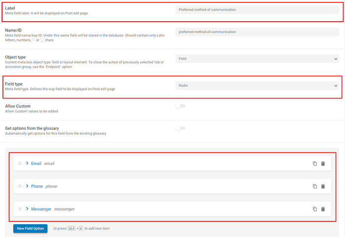 add Field options to meta field