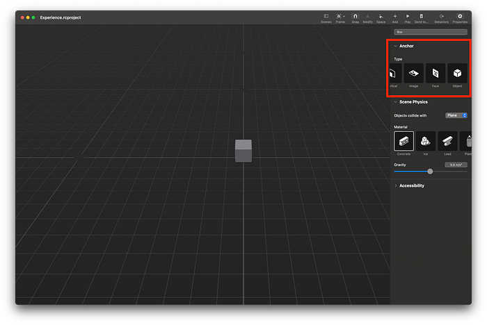 A red box in the top right corner of the Reality Composer window.