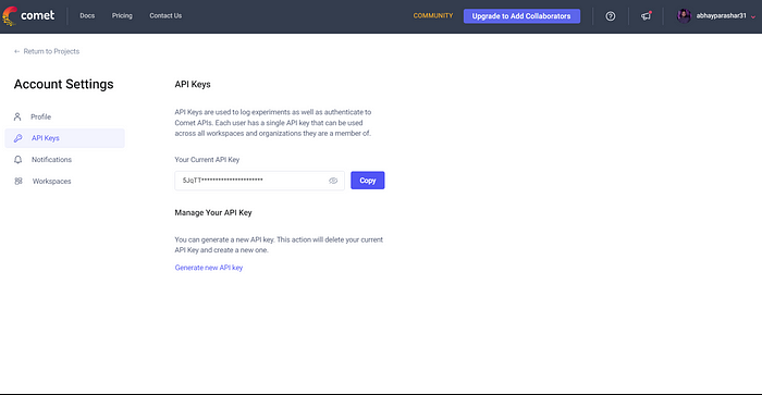 Author CometML Account Settings > API Keys Screenshot
