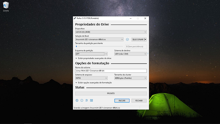 Tela do app Rufus — Pronto para formatar!