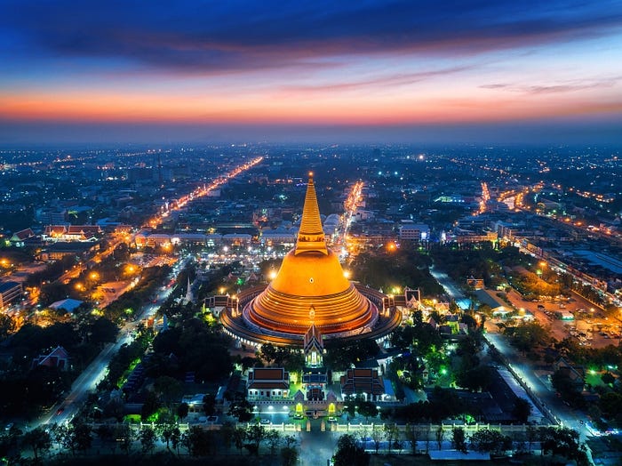 Nighttime aerial view of wat phra kaeo in Bangkok, Thailand, Asia.
