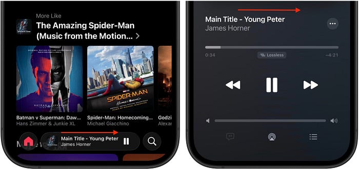 Swiping left or right on the mini or full-screen Music player to change songs in iOS 26.1