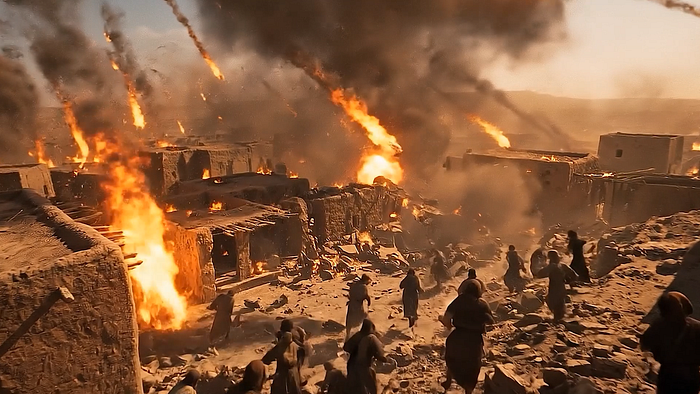Cinematic biblical scene of Sodom being destroyed by fire from heaven.
