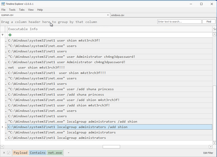 Sysmon logs showing user shion added to the local administrator’s group.