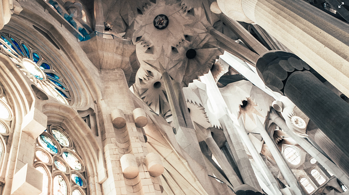 Photo of the interior of the main wing of Gaudi’s Sagrada Familia in Barcelona.
