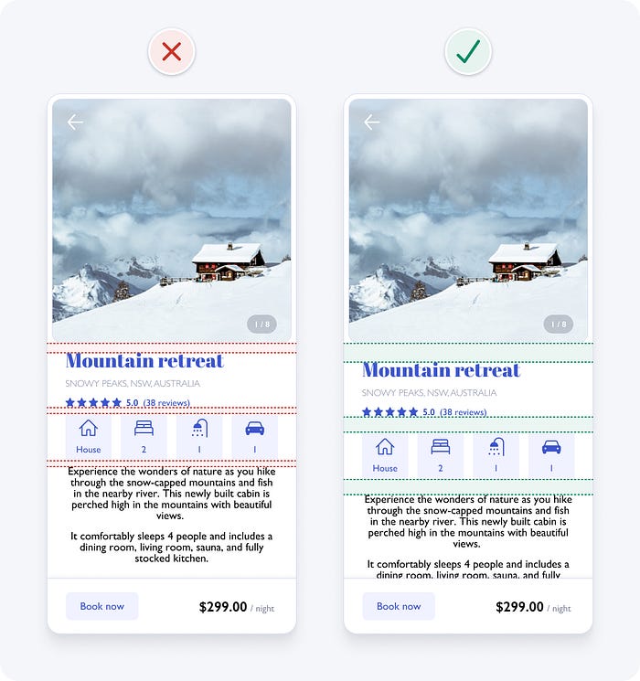 User interface example without sufficient spacing vs one with sufficient spacing