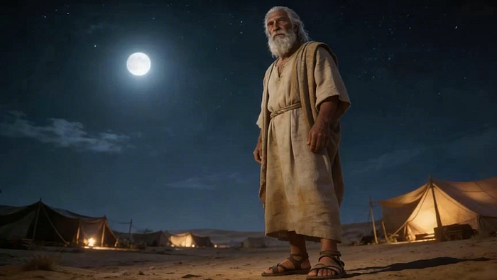 Cinematic image of Abraham from the Bible standing in a desert camp at night beneath a bright full moon and star-filled sky.